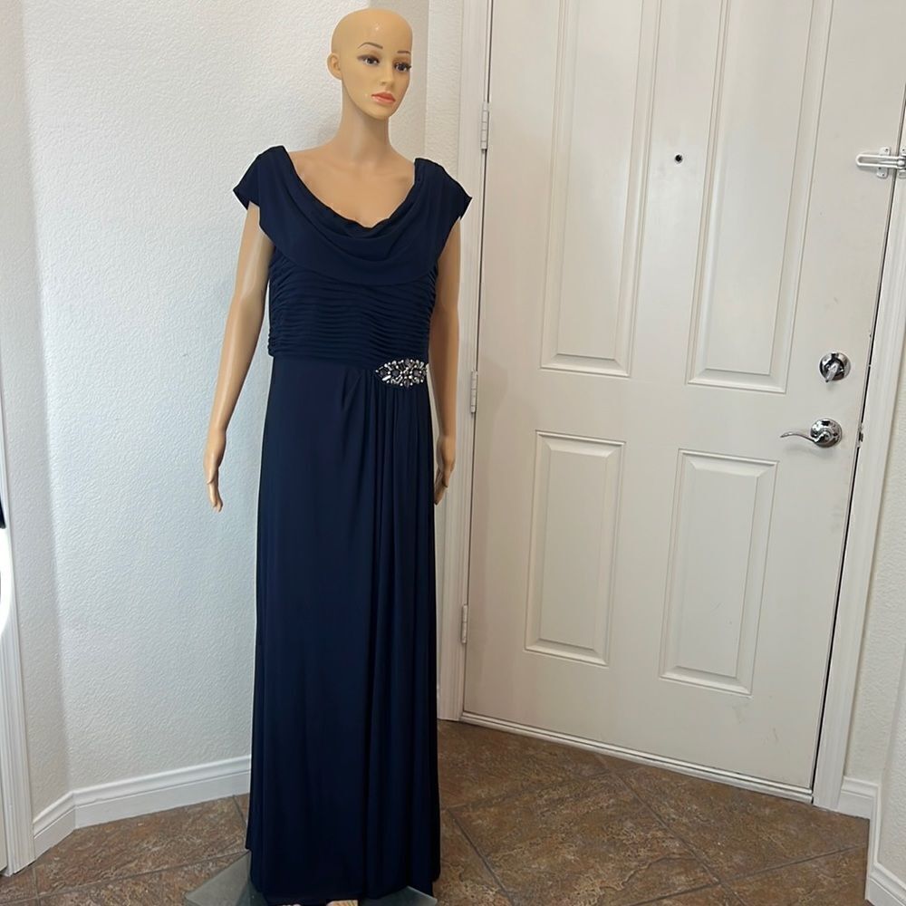 Stenay Dress Navy Blue Beaded Waist Cowl Draped Neck Back Short Sleeve Maxi Slit
